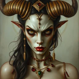 highly detailed sharp focus extremely hyperrealistic horrifying creepy 3 / 4 portrait oilpainting of minotaur lady mythical portrait by michael hussar in style of michael hussar and rene lalique artnouveau ceramic effect gild and ruby and emerald jeweled gild strips in style of ali franco's paintings and layers of fear surrealistic memento mori 8 k