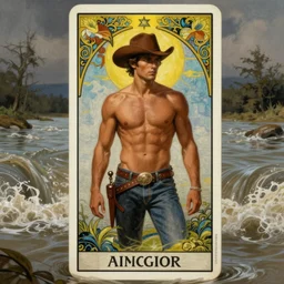 a dramatic, epic, ethereal tarot painting of a handsome!! brown shirtless man dressed as a cowboy | background is a torrential flooding river | tarot card, art deco, art nouveau | by Mark Maggiori | trending on artstation