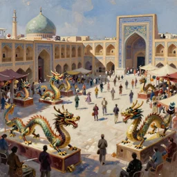 a concept art matte painting in the style of orientalism of dragons on display in a dragon auction in the grand bazaar of isfahan by greg rutkowski and edwin lord weeks, speed painting with brush strokes of a dragon market