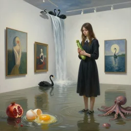 realistic painting of a flooded modern art gallery and a tall emo girl, holding a courgette, paintings on walls, floodwaters with raw eggs, pomegranates, black swans, waterfall from the wall, octopus, puddles, zen, surrealist, by magritte and kawase and escher and monet