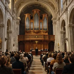 medium size crowd listens to a hermeneutic pipe organ concert in a vast basilica, matte painting, scenic full shot, ambient lighting, detailed baroque oil painting by caravaggio and goya