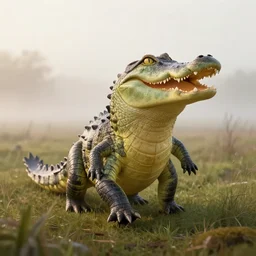 epic professional digital portrait art of a smiling  anthropomorphic crocodile on a morning stroll along the misty moors, best on artstation, cgsociety, wlop, Behance, pixiv, astonishing, impressive, outstanding, epic, cinematic, stunning, gorgeous, concept artwork, much detail, much wow, masterpiece.