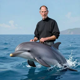 steve jobs riding a dolphin, painting