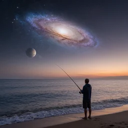 a man standing on the beach fishing in the ocean a distant galaxy and a planet with rings visible in the dusk sky highly detailed photograph high resolution 8 k