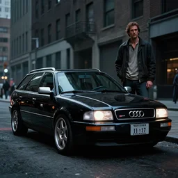 Audi RS 2 Avant (1995), black car, a gritty neo-noir, dramatic lighting, cinematic, establishing shot, extremely high detail, photorealistic, cinematic lighting, artstation, by simon stalenhag, Max Payne (PC) (2001) winter new york