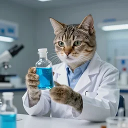 a genious cat dressed as a scientist looking at a modern transparent little bottle filled with vivid blue iridescent liquid, art highly detailed, by frank frazetta, keith parkinson and greg rutkowski and aleksandra skiba, concept art,