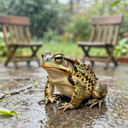 delicate rain, toad, chairs, garden, paved, botanic watercolors, iridescent, 8 k, realistic shaded, fine details, artstation, italian, iron gate, tree, mediterranean