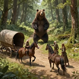 a detailed concept art of three medieval gipsies in a medieval caravan with two horses. fighting with a standing up big bear in sherwood forest path. brown bear. merchant wagon with a broken wheel. sunny day. shadows. faces. wide angle. trending on artstation, craig mullins, gopro lens. centered composition. 1 8 mm lens.