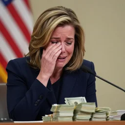 photo of liz cheney crying over a stack of money