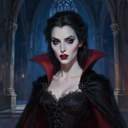 a portrait digital painting of mary elizabeth winstead as a vampire in a gothic cathedral at night. painted by artgerm, ross tran.