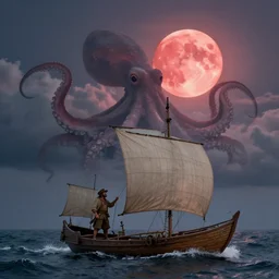 the age of discovery, red moon over stormy ocean, huge clouds in the form of a gigantic octopus, the greatest adventurer standing on a 1 5 th century sampan boat holding a