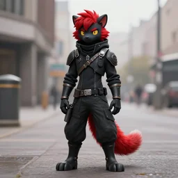 red fursona stoat | longtail photorealism urbanscene | coalpunk masculine fursona black