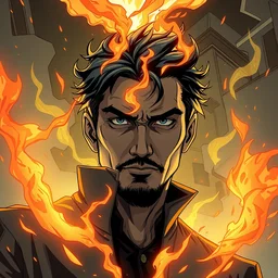 the wondering man touched by flames, pixiv fanbox, cinematic light, anime style, graphic novel by fiona staples and dustin nguyen, peter elson, alan bean, wangechi mutu, clean cel shaded vector art, trending on artstation