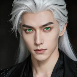 a beautiful portrait handsome man, sexy fantasy. professionally retouched, soft lighting, wearing sexy black, realistic, hyperrealistic hyperdetailed smooth face, perfect green eyes, white hair with black highleights, wide angle, sharp focus on the eyes, 8 k high definition, insanely detailed, intricate, elegant, art by artgerm and wlop