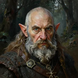 a highly detailed portrait painting of a rugged medieval fantasy dwarf ranger with piercing eyes, forest, by raymond swanland