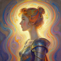 side profile painted portrait, imogen poots as a paladin, d & d, gloomhaven, soft luminescent glow, art nouveau, beautifully backlit, ripples, swirly vibrant color lines, fantastically gaudy, aesthetic octane render, 8 k hd resolution, by picasso, ilya kuvshinov, cushart krentz, gilleard james