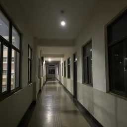 a school corridor at night, lights off, moonlight coming through the window