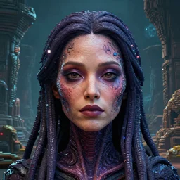full - face close - up portrait, your mom is a cosmic horror by bruce brenneise and peter mohrbacher, alien ancient ruins in background, 3 d render, neosurrealism. digital concept art, pixel art, rendered in octane, trending on cgsociety, trending on artstation