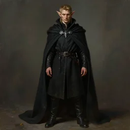 Portrait of an elf in a black cloak with black boots, male, detailed face, fantasy, highly detailed, cinematic lighting, digital art painting by greg rutkowski