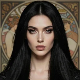 portrait of evil a tall 4 0 - year - old woman with thin lips, heavy - lidded eyes, a strong jaw and long, thick shining black hair, thick eyebrows and long eyelashes, wearing in black clothes, hyper realistic face, beautiful eyes, fantasy art, in the style of greg rutkowski, intricate, alphonse mucha, hyper detailed, smooth