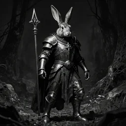 A rabbit knight. Dark Fantasy, Film Noir, Black and White. High Contrast, Mike Mignola, D&D, OSR