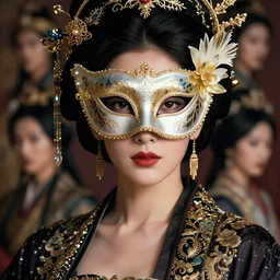 portrait of a female wearing a mask, elegant, fancy clothing, ornaments, highly detailed, full - color, beautiful, cinematic lighting, mesmerizing, 8 k hd, artstation, by hideyuki morioka, akio watanabe, ito ogure, vofan, greg rutkowski, victo ngai, artgerm