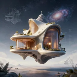 architect concept of flying house in galaxy, futuristic architect, modern architect, antoni gaudi, mock up design, illustration, detail breakdown, detail, hyper realistic, realistic, cinematic lighting, deep focus, ultra realistic, 8 k, uhd, sketch up, golden ratio
