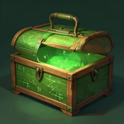 debug of the mathematical chest, artstation, mystical, digital art, green and wood