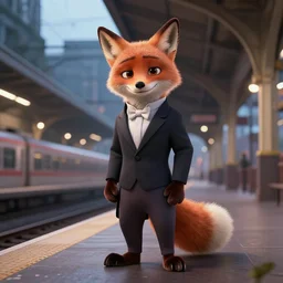 anthropomorphic furry fox wearing a tuxedo stands on a train station ,detailed, environment, building, train cinematic lights, Artstation