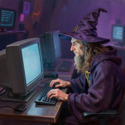 matte oil painting, wizard sitting at a gaming pc, as a dnd character, typing on a keyboard, thick monitor, 9 0 s crt, inside a lan party, wrinkled wizard hat, extremely detailed, digital illustration, concept art, readability, smooth, sharp focus, art by brothers hildebrandt, art by alex grey