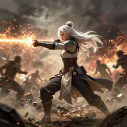 dragon age character wynne, 5 0 years old woman ash white long hair tied bun, shooting magic, middle of battle, background full of war silhouettes, fighting, full body, epic, d and d, cinematic, dynamic lighting, concept art, rich color, bioware, by greg rutkowski