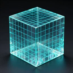3D cyan grid hologram glass cube in matrix environment - close up shot, dark studio professional shot, photorealistic