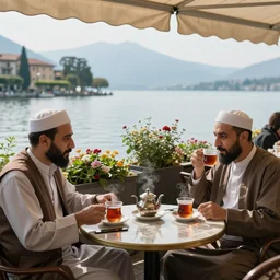 a christian, a jew and a muslim drinking tea on a cafe terrace in italy with lake view, peaceful, ultra realistic, award winning,