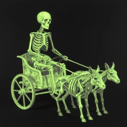 by francesco albani uneven dayglo. the assemblage features a human figure driving a chariot. the figure is skeletal & frail, with a large head & eyes. the chariot is pulled by two animals, which are also skeletal & frail.