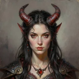 a super detailed illustration portrait painting of a female fantasy half - demon, d & d rpg portrait, hires headshot, 4 k, symmetrical, centered, art by tim hildebrandt and frank frazetta and gerald brom