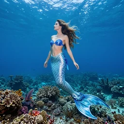 very beautiful tall fair haired mermaid women in ocean reef