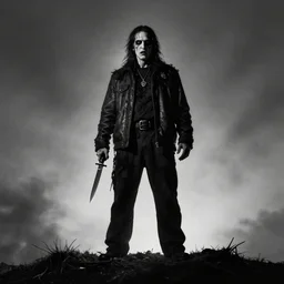 Ted Cruz standing on a hill holding a sharp knife, black and white, creepy lighting, scary, horror, ornate, eerie, fear