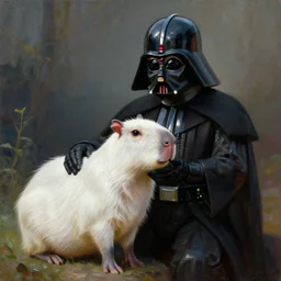 white capybara petted by dark vader, surreal photography, volumetric light, impressionist painting, digital painting, artstation, kilian eng, john harris, bastien lecouffe - deharme, simon stalenhag