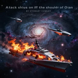 Attack ships on fire off the shoulder of Orion by Stewart Cowley, starships, nebula, concept art, trending in artstation, 8k, realistic octane render,