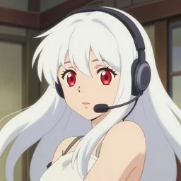anime film still portrait of a japanese young woman, large, red eyes!!!!, long, white hair!!!!, wearing a headset in her room interior, detailed facial features, dynamic pose, cute face by ilya kuvshinov, makoto shinkai takashi takeuchi studio ghibli, akihiko yoshida, rimlight, 4 k