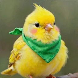 a cute yellow bird blushing wearing a green bandana, realistic oil painting, high quality detailed