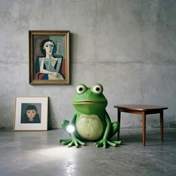 pepe the frog, kodak portra 4 0 0, 8 k, wide flashlight shot of a highly detailed, britt marling style, award winning colour still - life portrait of a large minimalistic room with rough concrete walls, a picasso painting, a square wall picture is leaning on the wall, a 1 9 5 0 s table, a 1 9 5 0 s table
