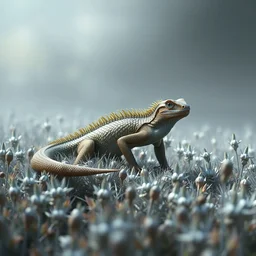 a small stationary herbivorous reptile in a small silver field fantasy artwork epic detailed and intricate digital painting trending on artstation by wlop octane render
