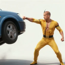 extreme long shot of vin diesel as saitama punching!!! a car!!!!!! into space, ultra realistic, lens flare, atmosphere, glow, detailed, intricate, full of colour, cinematic lighting, trending on artstation, 4 k, hyperrealistic, focused, extreme details, unreal engine 5, cinematic, masterpiece