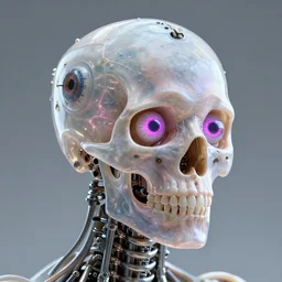 3D render of a STEAMpunk cyborg with translucent skull filled with a fractal of liquid mercury switches, neon eyeballs, titanium skeleton, anatomical, latex flesh and facial muscles, neon wires, microchips, electronics, veins, arteries, glowing, highly detailed, octane render, global lighting by H.R. Giger and Johanna Martine and Jeffrey Smith, 8K HDR