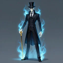 DND character concept, Tall skeletal figure, wearing a deep black suit and tie and top hat, holding a golden cane. Light blue flames envelop his whole body