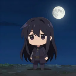 chibi, cute, melancholy, full body, male anime character, long dark hair, stunning art style, filters applied, lunar time, night sky, trending art, sharp focus, centered, landscape shot, fate zero, simple background, studio ghiblyi, makoto shinkai, yuji yamaguchi, by wlop