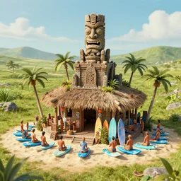 a medieval temple modeled after a beach shack, where people who partake in a religion based around surfing worship. tiki aesthetics. in a field. by greg rutkowski