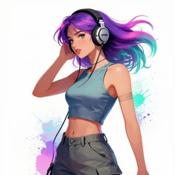 a award winning half body portrait of a beautiful woman in a croptop and cargo pants with ombre purple pink teal hairstyle with head in motion and hair flying listenin to music on headphones by wlop, paint splatter, outrun, vaporware, shaded flat illustration, digital art, trending on artstation, highly detailed, fine detail, intricate
