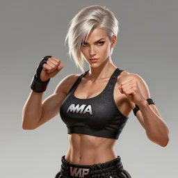 a highly detailed illustration of short platinum blonde haired woman wearing mma bra, flat chested, heroic muay thai stance pose, muscular, intricate, elegant, highly detailed, centered, digital painting, artstation, concept art, smooth, sharp focus, league of legends concept art, WLOP